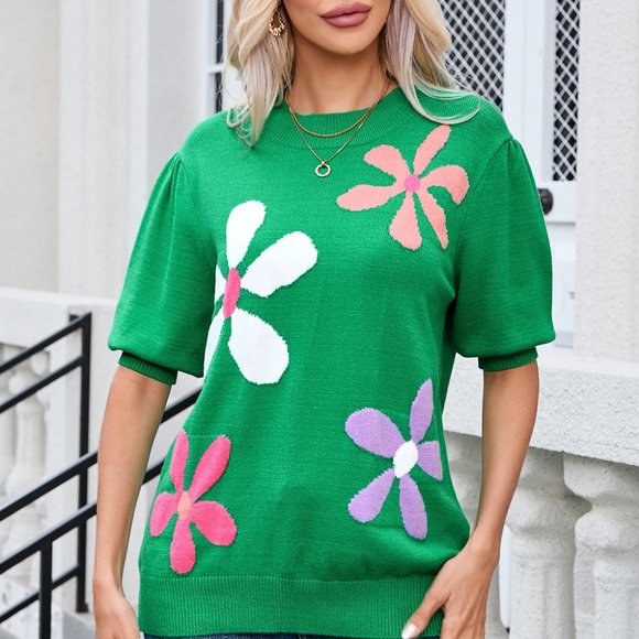 Bright Green Floral Bubble Short Sleeve Sweater - Picture 3 of 12